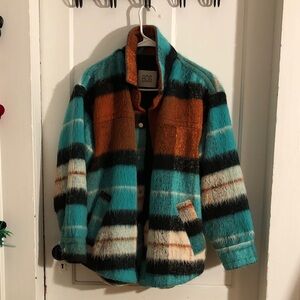 BDG Urban Outfitters Teal Orange Plaid Faux Fur Shacket